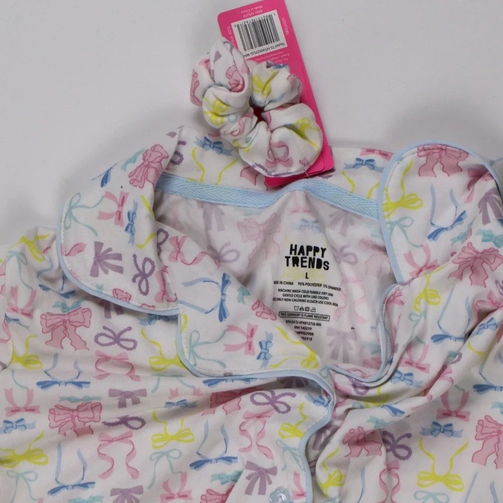 Happy Trends Pajama Top Bow Print White Pink Large 10/12 NWT